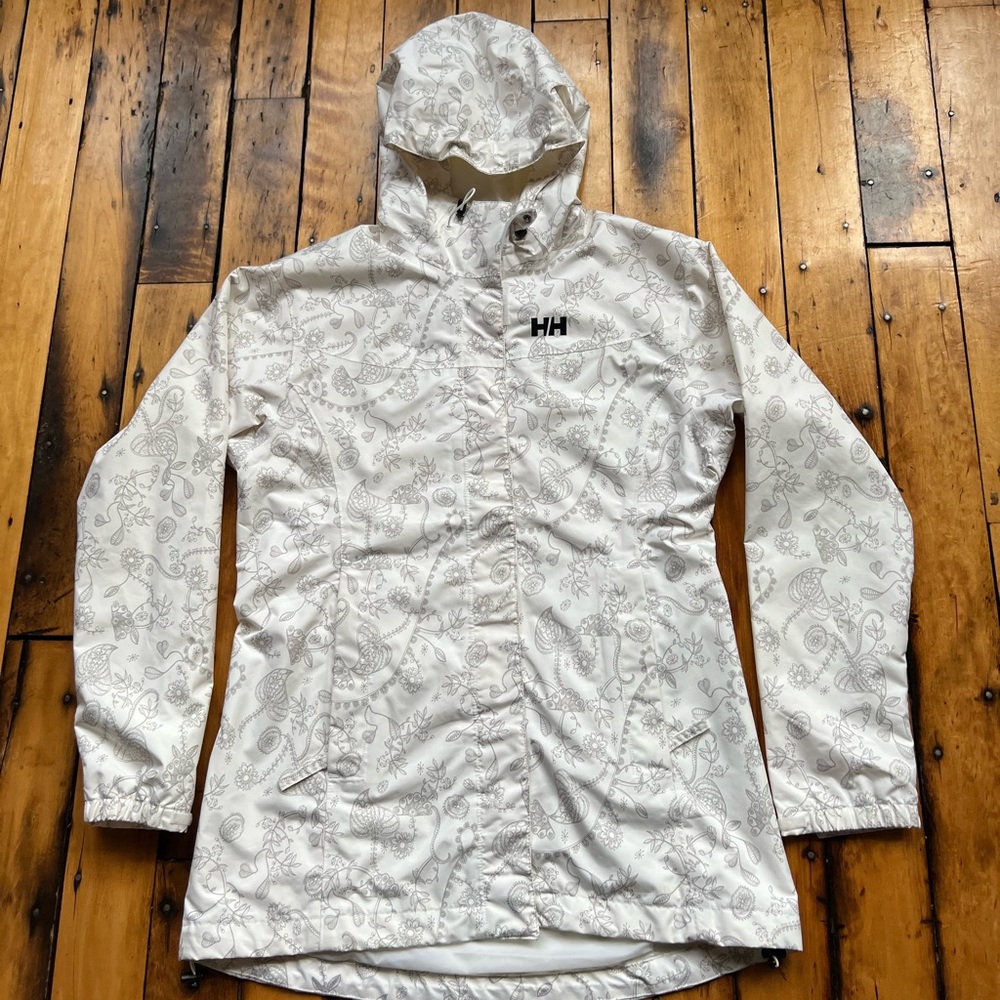 Helly Hansen Womens Medium Bellevue Waterproof Coat White AOP Jacket Shell Read*